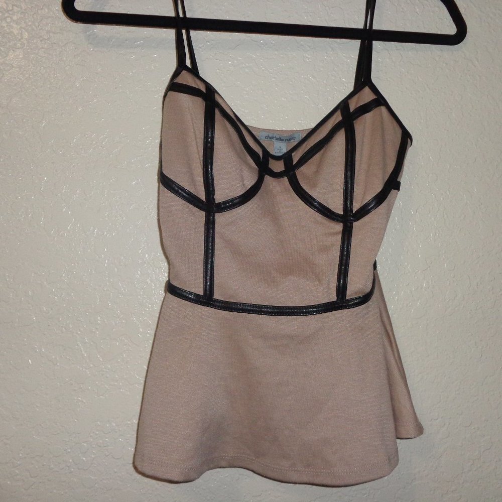 Tan Peplum Faux Leather Spaghetti Strap Top